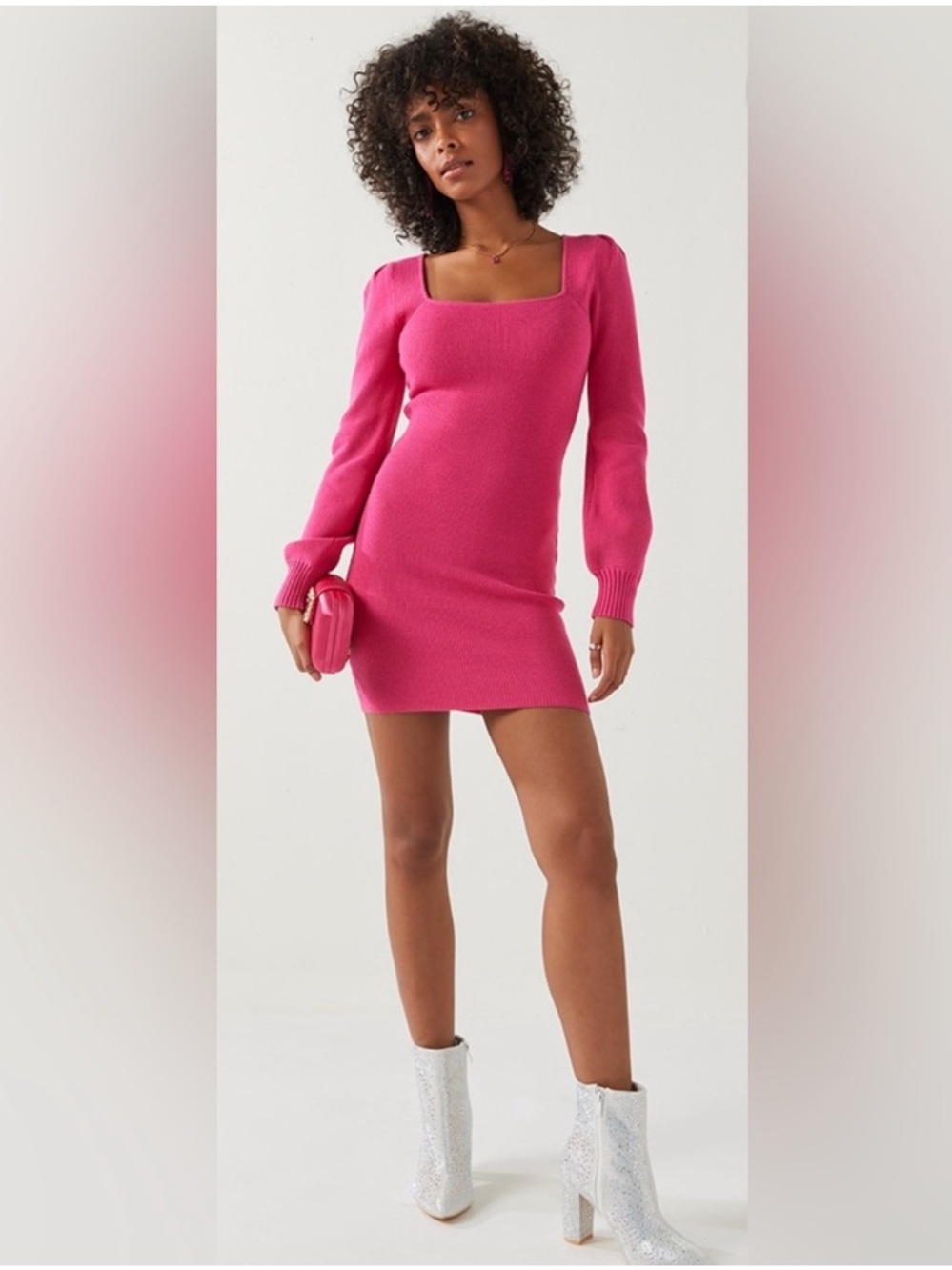 FRANCESCA’S Hot Pink Square-Neck Long Sleeve Knit Mini Dress